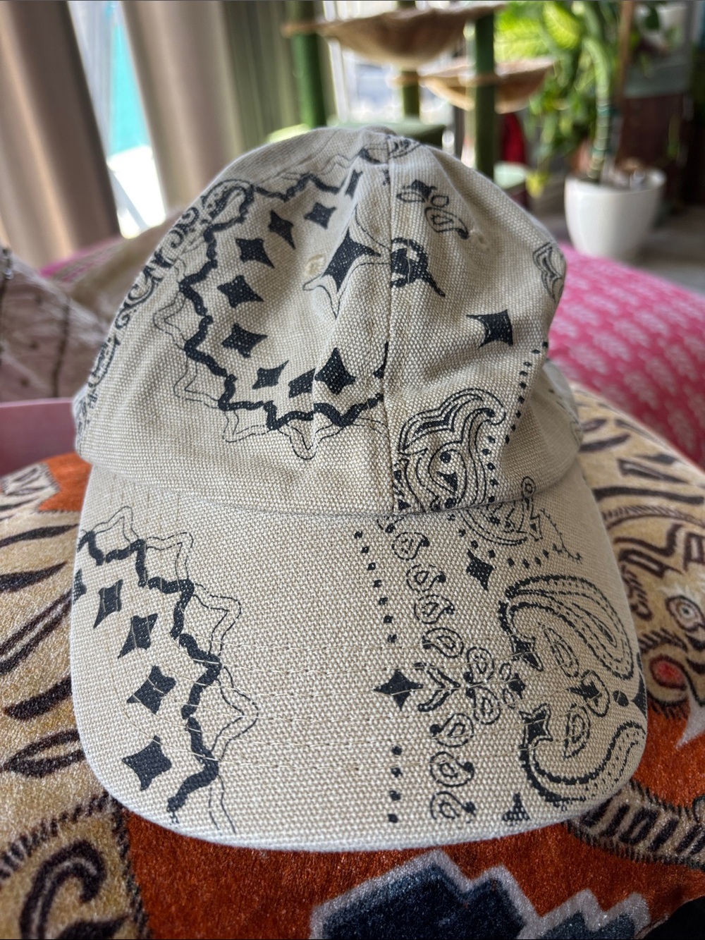 Urban Outfitters Tan Canvas Baseball Cap with Black Print
